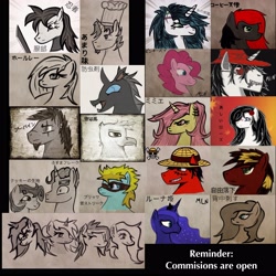 Size: 4096x4096 | Tagged: safe, artist:mylittleninja, artist:strangerdanger, princess luna, oc, oc:backy, oc:brann flakes, alicorn, changeling, griffon, pony, absurd resolution, alucard, commission, cookie, hellsing, monkey d luffy, portfolio