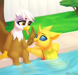 Size: 2772x2688 | Tagged: safe, artist:nika-rain, derpibooru import, gilda, oc, oc:ren the changeling, changeling, griffon, pony, changeling oc, female, food, gilren, ice cream, male, summer, sun, swimming pool, ych result, yellow changeling