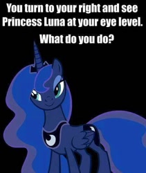 Size: 450x532 | Tagged: source needed, safe, princess luna, alicorn, pony, bronybait, meme, question, simple background, solo, what do