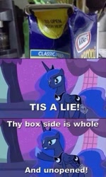 Size: 359x597 | Tagged: safe, princess luna, alicorn, pony, image macro, macaroni and cheese, meme, solo