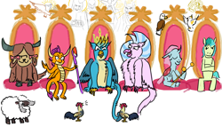 Size: 1400x800 | Tagged: safe, artist:horsesplease, derpibooru import, gallus, gilda, ocellus, sandbar, silverstream, smolder, yona, angel, bird, changedling, changeling, dragon, eagle, earth pony, griffon, hippogriff, pony, rooster, sheep, yak, 60s spider-man, background gilda, bad end, bloodstone scepter, cockatoo, colored, council of doom, crowing, crown, crown of grover, electro, evil grin, gallus the rooster, god-emperor of mankind, gods, good end, green goblin, grin, jewelry, khopesh, king gallus, me and the boys, meme, metal bawkses, paint tool sai, pokémon, queen silverstream, regalia, rhino tank, smiling, student six, sword, this will end in death, this will end in tears, this will end in tears and/or death, throne, vulture, weapon, wooloo