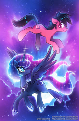 Size: 590x900 | Tagged: safe, artist:jopiter, princess luna, oc, alicorn, earth pony, pony, crown, duo, female, mare