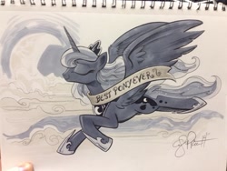 Size: 1024x768 | Tagged: safe, artist:andypriceart, princess luna, alicorn, pony, best pony, flying, old banner, photo, solo, traditional art