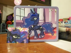 Size: 3648x2736 | Tagged: safe, princess luna, alicorn, pony, adventure time, bmo, enterplay, foil cards, lunchbox, merchandise, trading card