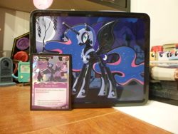 Size: 3648x2736 | Tagged: safe, nightmare moon, princess luna, alicorn, pony, enterplay, foil, lunchbox, merchandise, trading card