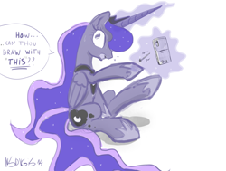 Size: 3000x2265 | Tagged: safe, artist:nadvgia, princess luna, alicorn, pony, cellphone, lg, magic, open mouth, pointing, sitting, solo, speech bubble, surprised, telekinesis, wide eyes