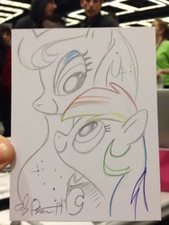 Size: 768x1024 | Tagged: safe, artist:andypriceart, princess luna, rainbow dash, alicorn, pegasus, pony, female, horn, mare, traditional art