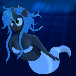 Size: 4000x4000 | Tagged: safe, artist:fraglantia, princess luna, anthro, human, mermaid, merpony, bra, clothes, horned humanization, humanized, mermaidized, midriff, seaponyluna, solo, swimming, tail, underwater, underwear