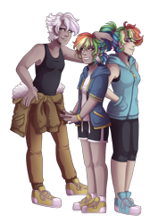 Size: 3507x4960 | Tagged: safe, artist:kikirdcz, derpibooru import, gilda, rainbow dash, oc, oc:rainbow feather, human, armpits, clothes, converse, humanized, interspecies offspring, magical lesbian spawn, mom gilda, offspring, parent:gilda, parent:rainbow dash, parents:gildash, shoes, shorts, simple background, sneakers, transparent background, trio