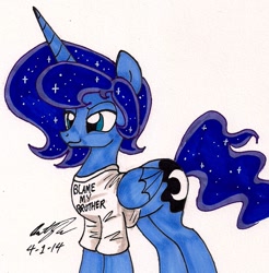 Size: 1064x1080 | Tagged: safe, artist:newyorkx3, prince artemis, princess luna, alicorn, pony, blame my sister, clothes, magic shirt, rule 63, shirt, solo, traditional art