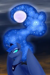 Size: 1024x1536 | Tagged: safe, artist:valcron, princess luna, alicorn, pony, female, full moon, horn, jewelry, lineless, looking at you, mare, moon, regalia, solo, tiara, wings