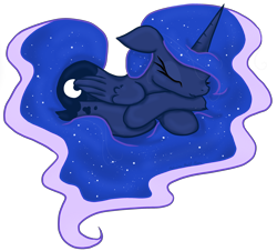 Size: 2942x2664 | Tagged: safe, artist:malwinahalfmoon, princess luna, alicorn, pony, :3, cute, ethereal mane, eyes closed, floppy ears, heart, long mane, long tail, missing accessory, prone, simple background, sleeping, smiling, solo, starry mane