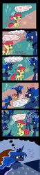 Size: 603x2589 | Tagged: safe, artist:tifu, apple bloom, nightmare moon, princess luna, vice principal luna, equestria girls, bed, calendar of lunas, comic, dream, inception, multeity