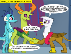 Size: 3541x2699 | Tagged: safe, artist:chedx, derpibooru import, gilda, princess ember, thorax, changedling, changeling, dragon, griffon, comic:griffonstone's new ambassador, banner, claw shake, dragoness, female, hooves, king thorax, male, missing word, ribbon, smiling