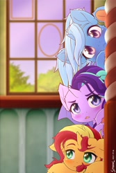 Size: 1280x1920 | Tagged: safe, artist:symbianl, starlight glimmer, sunset shimmer, trixie, pony, unicorn, adorable face, blushing, counterparts, cute, diatrixes, equestria girls ponified, evening, female, filly, filly starlight glimmer, filly sunset shimmer, filly trixie, glimmerbetes, indoors, magical trio, scooby stack, shimmerbetes, signature, sky, spy, the anti twilight sparkle trio brigade, tree, trio, twilight's counterparts, window, younger