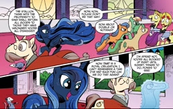 Size: 1400x881 | Tagged: safe, idw, flam, flim, kibitz, princess luna, tiberius, alicorn, pony, spoiler:comic, comic, flim flam brothers