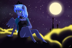 Size: 1600x1067 | Tagged: safe, artist:skecchiart, princess luna, anthro, plantigrade anthro, ambiguous facial structure, looking at you, moon, night, solo