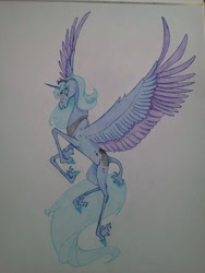 Size: 1536x2048 | Tagged: safe, artist:wolfling12, princess luna, alicorn, classical unicorn, pony, flying, leonine tail, solo, traditional art