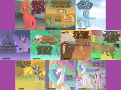 Size: 3206x2404 | Tagged: safe, artist:crispokefan, derpibooru import, applejack, chief thunderhooves, cranky doodle donkey, gilda, little strongheart, princess cadance, princess celestia, rainbow dash, rarity, zecora, oc, oc:pun, alicorn, buffalo, donkey, earth pony, griffon, pegasus, pony, unicorn, zebra, ask, ask pun, derp, flower, gravestone, statue