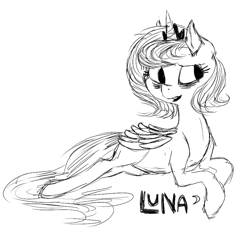 Size: 856x798 | Tagged: dead source, safe, artist:berrydrops, princess luna, alicorn, pony, female, grayscale, mare, monochrome, prone, s1 luna, short mane, solo