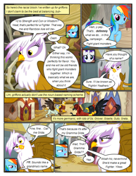 Size: 612x792 | Tagged: safe, artist:newbiespud, derpibooru import, edit, edited screencap, screencap, gilda, rainbow dash, rarity, griffon, pegasus, pony, unicorn, comic:friendship is dragons, griffon the brush off, the lost treasure of griffonstone, comic, dialogue, female, mare, raised hoof, screencap comic, smiling, speech bubble, suspicious, unamused