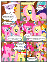 Size: 612x792 | Tagged: safe, artist:newbiespud, derpibooru import, edit, edited screencap, screencap, carrot top, fluttershy, gilda, golden harvest, minuette, pinkie pie, earth pony, griffon, pegasus, pony, comic:friendship is dragons, angry, background pony, comic, dialogue, eyes closed, female, frown, mare, offscreen character, petting, screencap comic, smiling, sugarcube corner