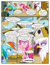 Size: 612x792 | Tagged: safe, artist:newbiespud, derpibooru import, edit, edited screencap, screencap, gilda, pinkie pie, rainbow dash, earth pony, pegasus, pony, comic:friendship is dragons, the lost treasure of griffonstone, backpack, bipedal, building, comic, dialogue, eyes closed, female, frown, grin, mare, raised hoof, saddle bag, screencap comic, sleeping bag, smiling, speech bubble