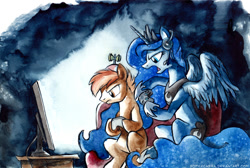 Size: 720x483 | Tagged: safe, artist:kenket, artist:spainfischer, button mash, princess luna, alicorn, pony, gamer luna, headset, traditional art, video game, watercolor painting