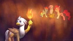 Size: 1024x576 | Tagged: safe, artist:vividvapor, derpibooru import, gilda, pinkie pie, rainbow dash, oc, oc:silver quill, classical hippogriff, earth pony, griffon, hippogriff, pegasus, pony, the lost treasure of griffonstone, cave painting, commission, cutie mark, female, mare, title card, torch