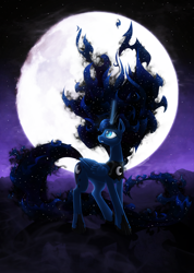 Size: 2972x4180 | Tagged: safe, artist:shaadorian, princess luna, alicorn, pony, backlighting, long mane, long tail, moon, night, solo