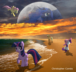 Size: 1278x1208 | Tagged: safe, artist:digitalpheonix, artist:jeatz, artist:quanno3, artist:silentmatten, applejack, fluttershy, princess luna, rarity, twilight sparkle, earth pony, pony, beach, flying, hat, irl, moon, photo, ponies in real life, shadow, sunset, vector