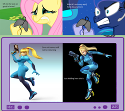 Size: 1126x1000 | Tagged: safe, fluttershy, princess luna, alicorn, pegasus, pony, angry, comparison, controller, debate in the comments, exploitable meme, female, gamer luna, gamershy, hoof hold, joke, lip bite, mare, meme, metroid, obligatory pony, pink mane, sad, samus aran, super smash bros., super smash bros. 4, super smash bros. brawl, teary eyes, teeth, tv meme, yellow coat, zero suit samus