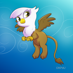 Size: 1000x1000 | Tagged: safe, artist:empyu, derpibooru import, gilda, griffon, 30 minute art challenge, cute, digital art, female, flying, gildadorable, looking at you, paws, solo, spread wings, toes, wings, younger