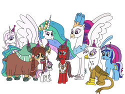 Size: 3264x2448 | Tagged: safe, artist:supahdonarudo, derpibooru import, fleur-de-lis, gilda, minuette, princess celestia, queen novo, sweetie belle, yona, oc, oc:ironyoshi, alicorn, classical hippogriff, griffon, hippogriff, pony, unicorn, yak, my little pony: the movie, happy birthday mlp:fim, hat, mlp fim's ninth anniversary, party hat, simple background, transparent background