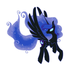 Size: 755x752 | Tagged: safe, artist:twitchygreyfox, nightmare moon, princess luna, alicorn, pony, flying, glowing eyes, nightmare luna, raised hoof, simple background, solo, spread wings