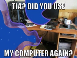 Size: 499x375 | Tagged: safe, princess luna, alicorn, pony, coffee mug, computer, desk, image macro, meme, offscreen character, plate, pov