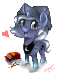 Size: 850x1100 | Tagged: safe, artist:katurkeyg, princess luna, alicorn, pony, cartographer's cap, filly, hat, pocky, solo, woona