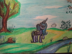 Size: 2560x1920 | Tagged: safe, artist:gpgo-sparkling-panda, princess luna, alicorn, pony, alternate hairstyle, nature, paper ship, river, solo, traditional art