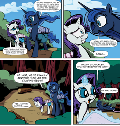 Size: 3000x3140 | Tagged: safe, artist:lovelyneckbeard, princess luna, rarity, alicorn, pony, unicorn, cake, camping, comic, missing accessory