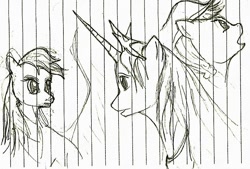 Size: 875x590 | Tagged: safe, artist:ponescribbles, applejack, princess luna, rainbow dash, alicorn, earth pony, pegasus, pony, lined paper, monochrome, sketch, traditional art