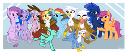 Size: 1280x537 | Tagged: safe, artist:lilliesinthegarden, derpibooru import, gilda, princess luna, rainbow dash, scootaloo, oc, oc:gren, oc:grizelda, oc:lavender, oc:midnight, oc:quartz horn, oc:rainbow feather, oc:scales, alicorn, dracony, dragon, griffon, hippogriff, hybrid, pegasus, pony, celebration, clothes, family, friendship, group, interspecies offspring, magical lesbian spawn, next generation, offspring, parent:gilda, parent:rainbow dash, parent:rarity, parent:spike, parent:trixie, parent:twilight, parent:twilight sparkle, parents:gildash, parents:sparity, parents:twixie, scarf