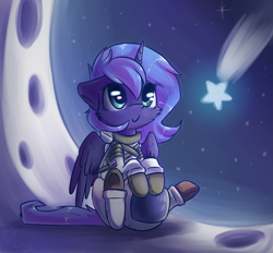 Size: 1533x1421 | Tagged: safe, artist:suplolnope, princess luna, alicorn, pony, astronaut, c:, cosmonaut, crescent moon, cute, filly, fluffy, moon, russia, russian flag, s1 luna, shooting star, sitting, smiling, solo, space, spacesuit, stars, tangible heavenly object, underhoof, woona, younger