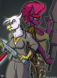 Size: 1024x1408 | Tagged: safe, artist:sketchybug, derpibooru import, gilda, tempest shadow, anthro, griffon, unicorn, alien (franchise), automatic rifle, broken horn, camo pants, clothes, cosplay, costume, ellen ripley, eye scar, female, flamethrower, gun, headband, horn, jumpsuit, m240 incinerator unit, m56 smartgun, machine gun, mare, nostromo, scar, smart gun, vasquez, weapon