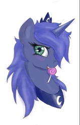 Size: 611x961 | Tagged: safe, artist:burk-kor, princess luna, alicorn, pony, bust, lollipop, mouth hold, s1 luna, smiling, solo