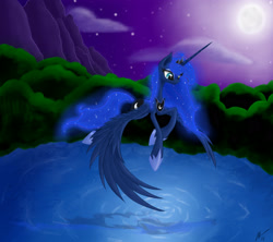 Size: 2700x2400 | Tagged: safe, artist:cloud-dash, princess luna, alicorn, pony, cloud, crown, detailed background, female, flying, horn, lake, looking down, mare, moon, mountain, solo, spread wings, water, wings