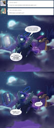 Size: 635x1482 | Tagged: safe, artist:darkflame75, princess luna, scootaloo, alicorn, bat pony, pony, bat ponified, cloud, comic, dialogue, duo, duo female, female, magic, pun, scootabat, student of the night, telekinesis, tumblr