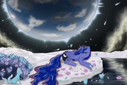 Size: 2400x1600 | Tagged: safe, artist:novaquinmat, princess luna, alicorn, butterfly, cat, pony, banishment, exile, flower, lake, moon, sad, shooting star