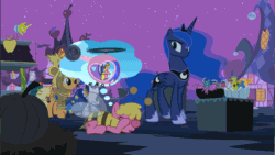 Size: 960x540 | Tagged: safe, edit, edited screencap, screencap, applejack, cherry berry, princess luna, twilight sparkle, alicorn, earth pony, pony, spider, luna eclipsed, testing testing 1-2-3, animated, aviator hat, bee costume, clothes, dream walker luna, hat, helicopter, nightmare night, pedalcopter, talking