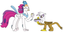 Size: 3264x1681 | Tagged: safe, artist:supahdonarudo, derpibooru import, gilda, queen novo, classical hippogriff, griffon, hippogriff, my little pony: the movie, crumbs, eating, griffon scone, holding, simple background, transparent background, tray