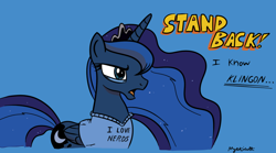 Size: 918x509 | Tagged: safe, artist:mysticolt, princess luna, alicorn, pony, gamer luna, nerd, solo, star trek